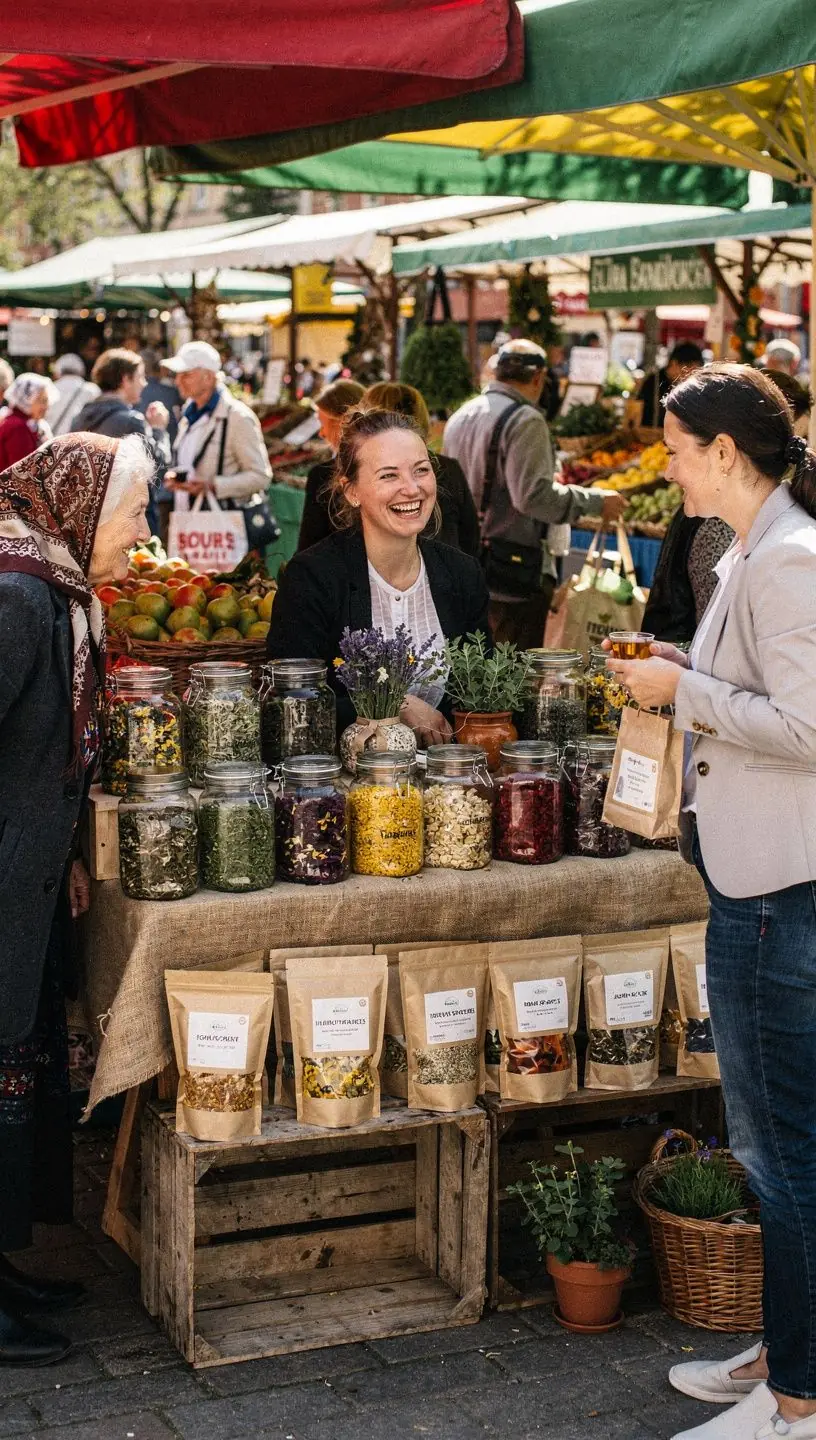 Rankos laiko stiklinį puodelį su šviesios spalvos žolelių arbata, fone matomas tylaus namų kampelis.