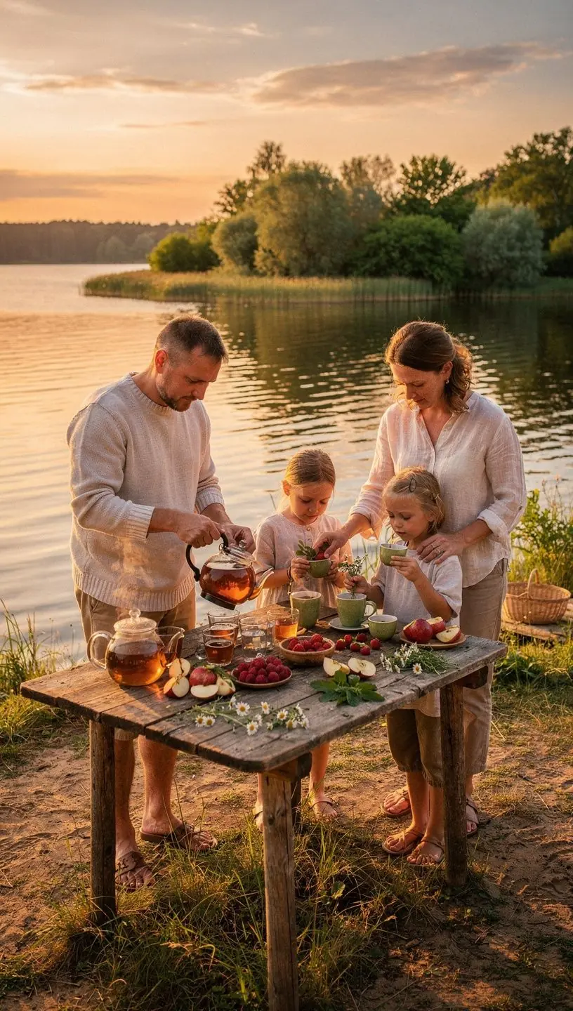 Rami gamtos scena su žolelių laukais ir saulės spinduliais, perteikianti harmoniją ir vidinę ramybę.
