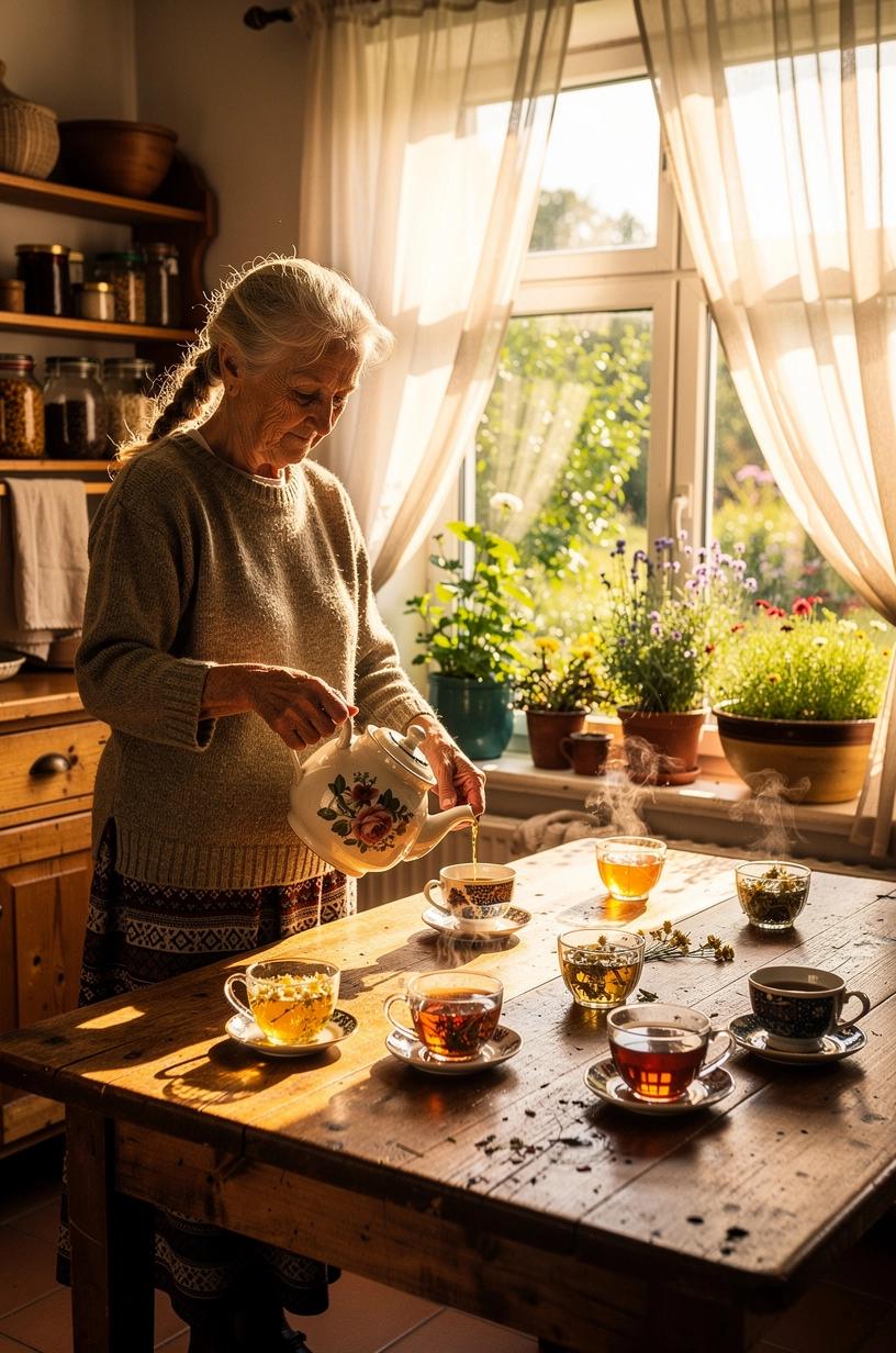 Arbatos puodelis su žolelių mišiniais ant medinio stalo, simbolizuojantis kasdienį ramybės ritualą ir natūralią sveikatą.